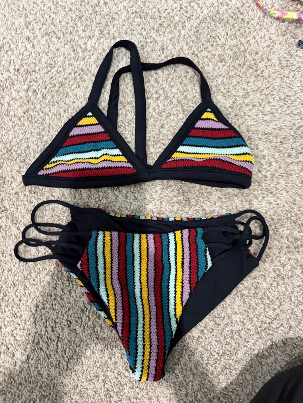 Billabong Black Multicolor Striped Crochet Bikini Set